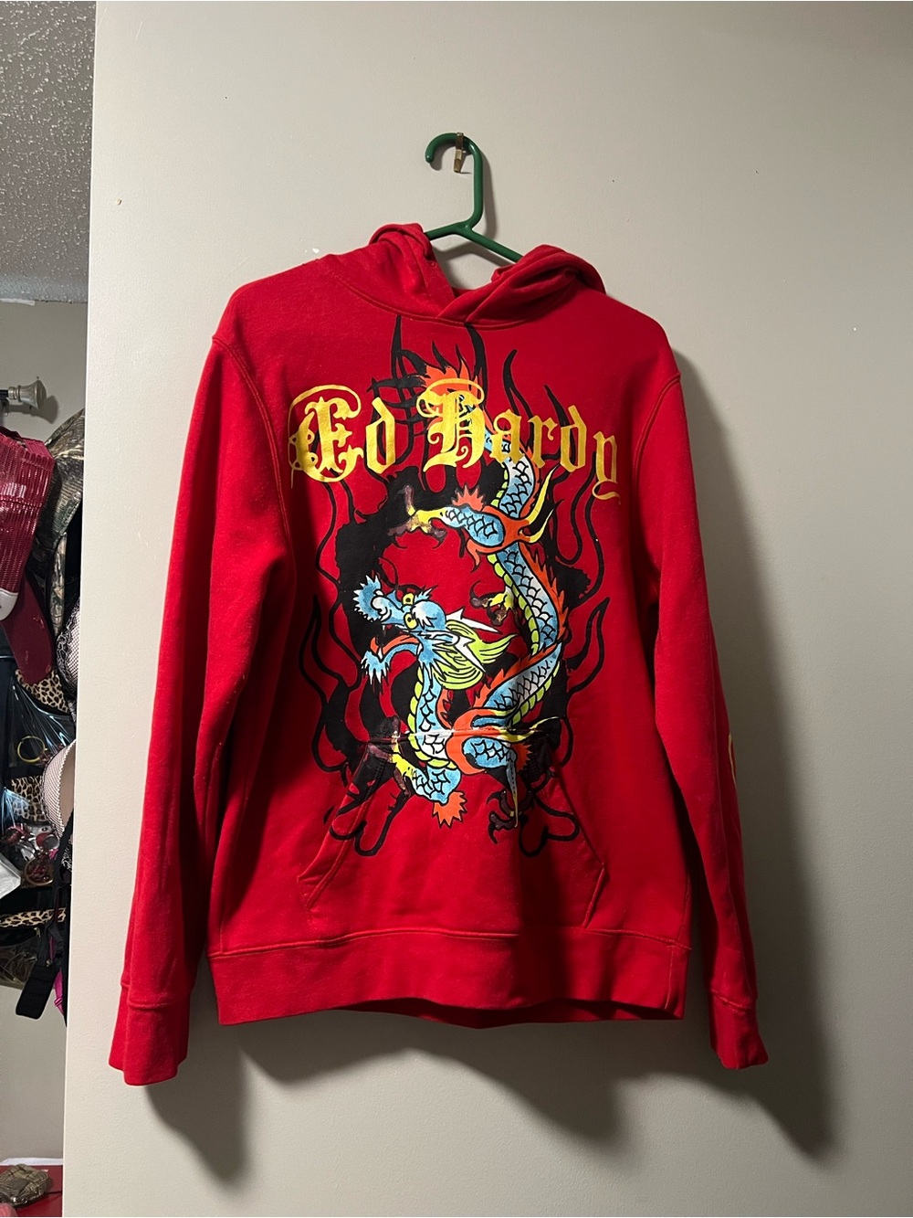 Ed Hardy Red Hoodie with Multicolor Dragon Graphic